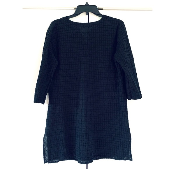 Eileen Fisher Black Tunic Blouse Organic Cotton 3/4 Sleeve Grid Cover Up Small - Picture 2 of 8